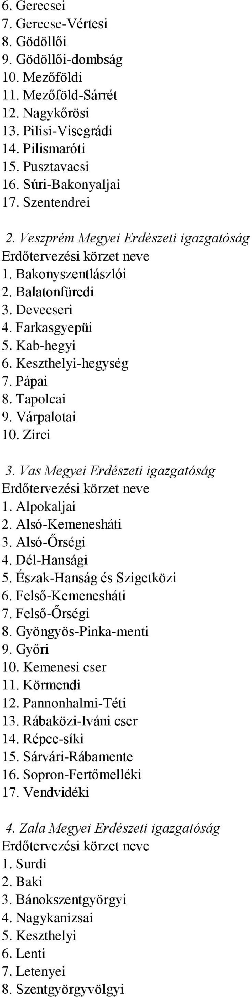 Tapolcai 9. Várpalotai 10. Zirci 3. Vas Megyei Erdészeti igazgatóság Erdőtervezési körzet neve 1. Alpokaljai 2. Alsó-Kemenesháti 3. Alsó-Őrségi 4. Dél-Hansági 5. Észak-Hanság és Szigetközi 6.