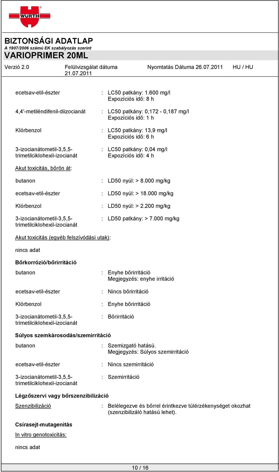 butanon ecetsav-etil-észter Klórbenzol 3-izocianátometil-3,5,5- trimetilciklohexil-izocianát : LD50 nyúl: > 8.000 mg/kg : LD50 nyúl: > 18.000 mg/kg : LD50 nyúl: > 2.200 mg/kg : LD50 patkány: > 7.