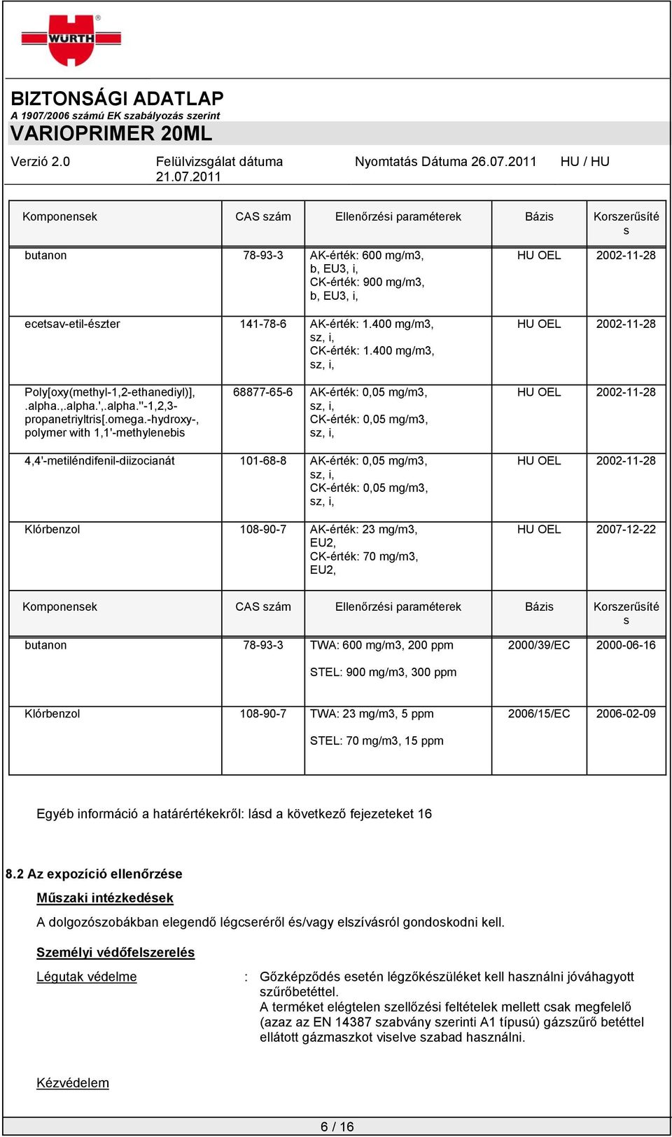 -hydroxy-, polymer with 1,1'-methylenebis 68877-65-6 AK-érték: 0,05 mg/m3, sz, i, CK-érték: 0,05 mg/m3, sz, i, HU OEL 2002-11-28 4,4'-metiléndifenil-diizocianát 101-68-8 AK-érték: 0,05 mg/m3, sz, i,