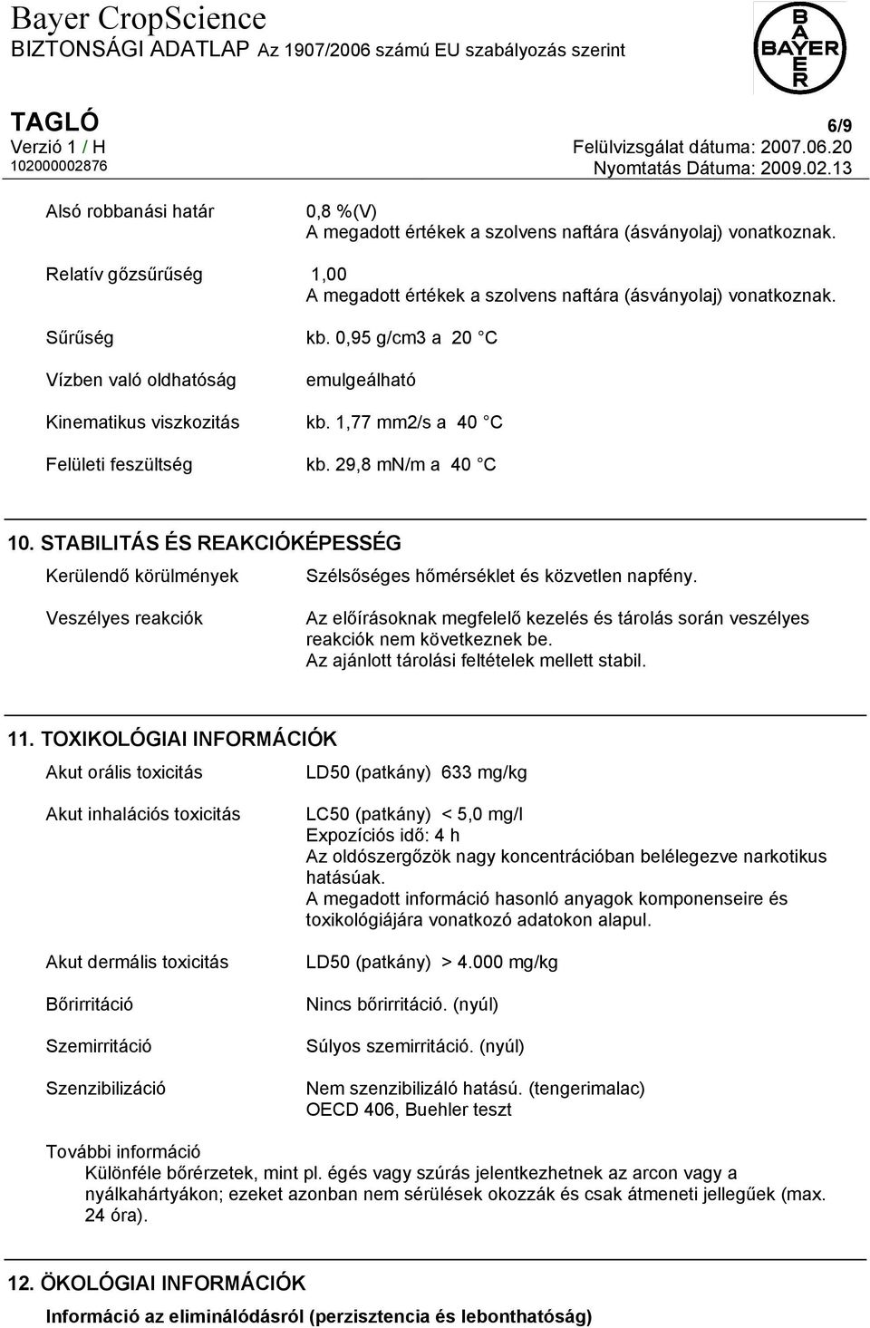 STABILITÁS ÉS REAKCIÓKÉPESSÉG Kerülendő körülmények Szélsőséges hőmérséklet és közvetlen napfény.