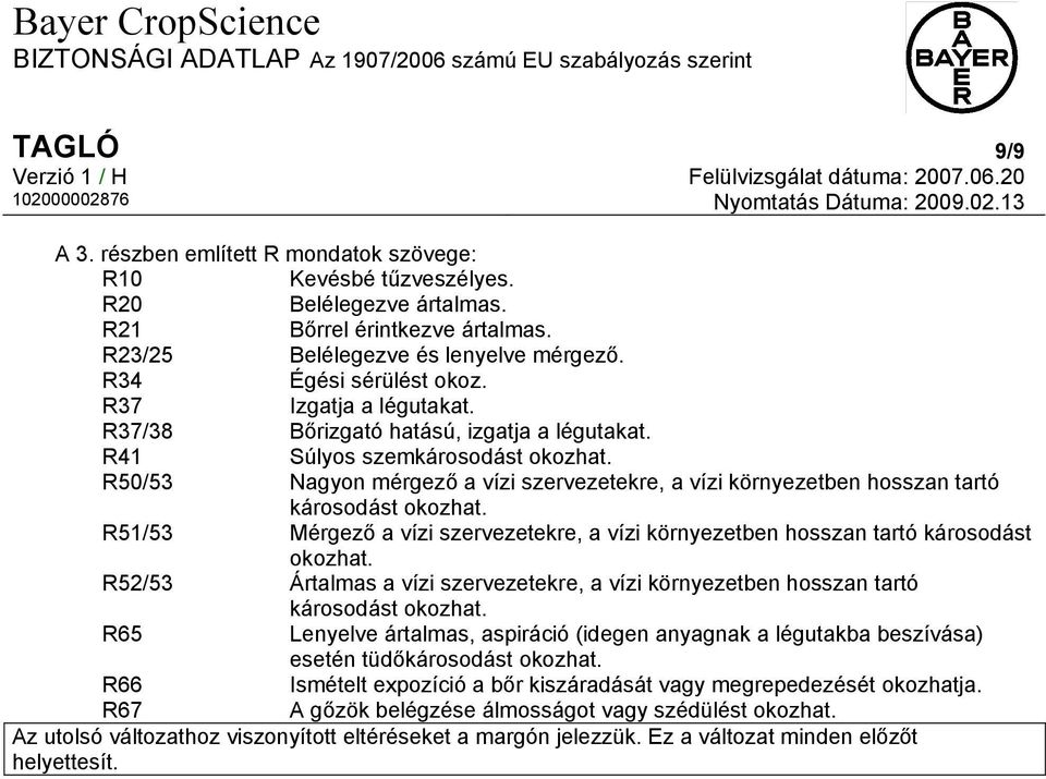 R50/53 Nagyon mérgező a vízi szervezetekre, a vízi környezetben hosszan tartó károsodást okozhat. R51/53 Mérgező a vízi szervezetekre, a vízi környezetben hosszan tartó károsodást okozhat.