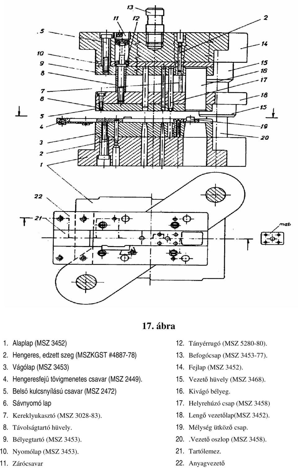 Nyomólap (MSZ 3453). 11. Zárócsavar 12. Tányérrugó (MSZ 5280-80). 13. Befogócsap (MSZ 3453-77). 14. Fejlap (MSZ 3452). 15. Vezető hüvely (MSZ 3468). 16.