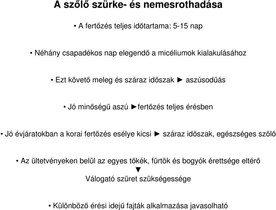 Jó évjáratokban a korai fertőzés esélye kicsi száraz időszak, egészséges szőlő Az ültetvényeken belül az egyes