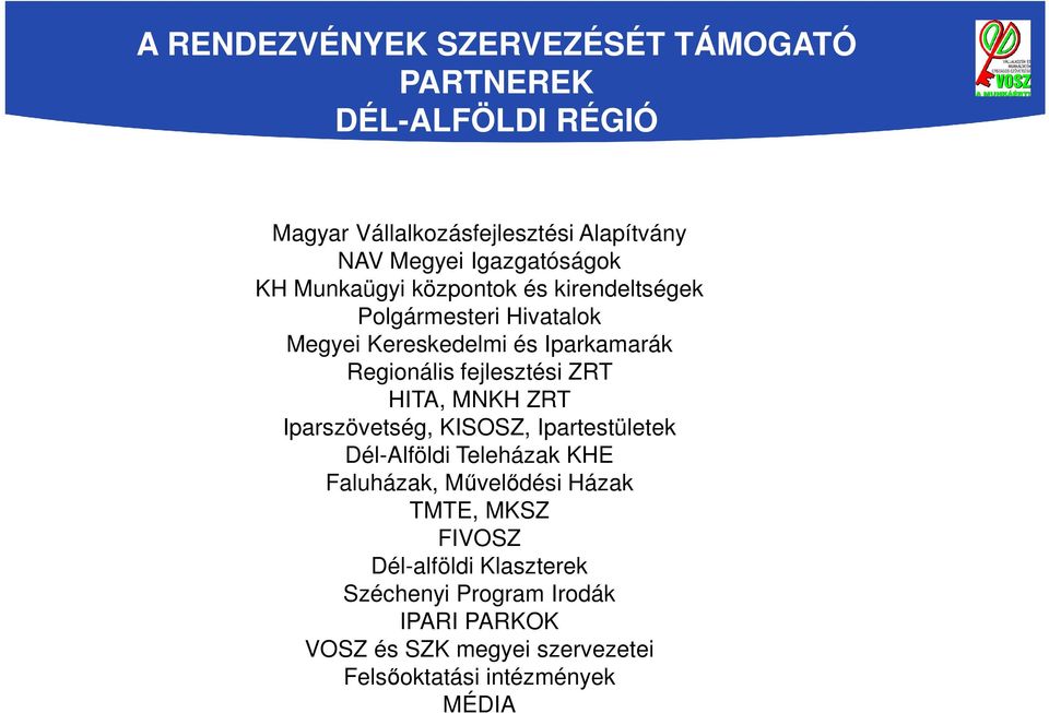 fejlesztési ZRT HITA, MNKH ZRT Iparszövetség, KISOSZ, Ipartestületek Dél-Alföldi Teleházak KHE Faluházak, Művelődési Házak