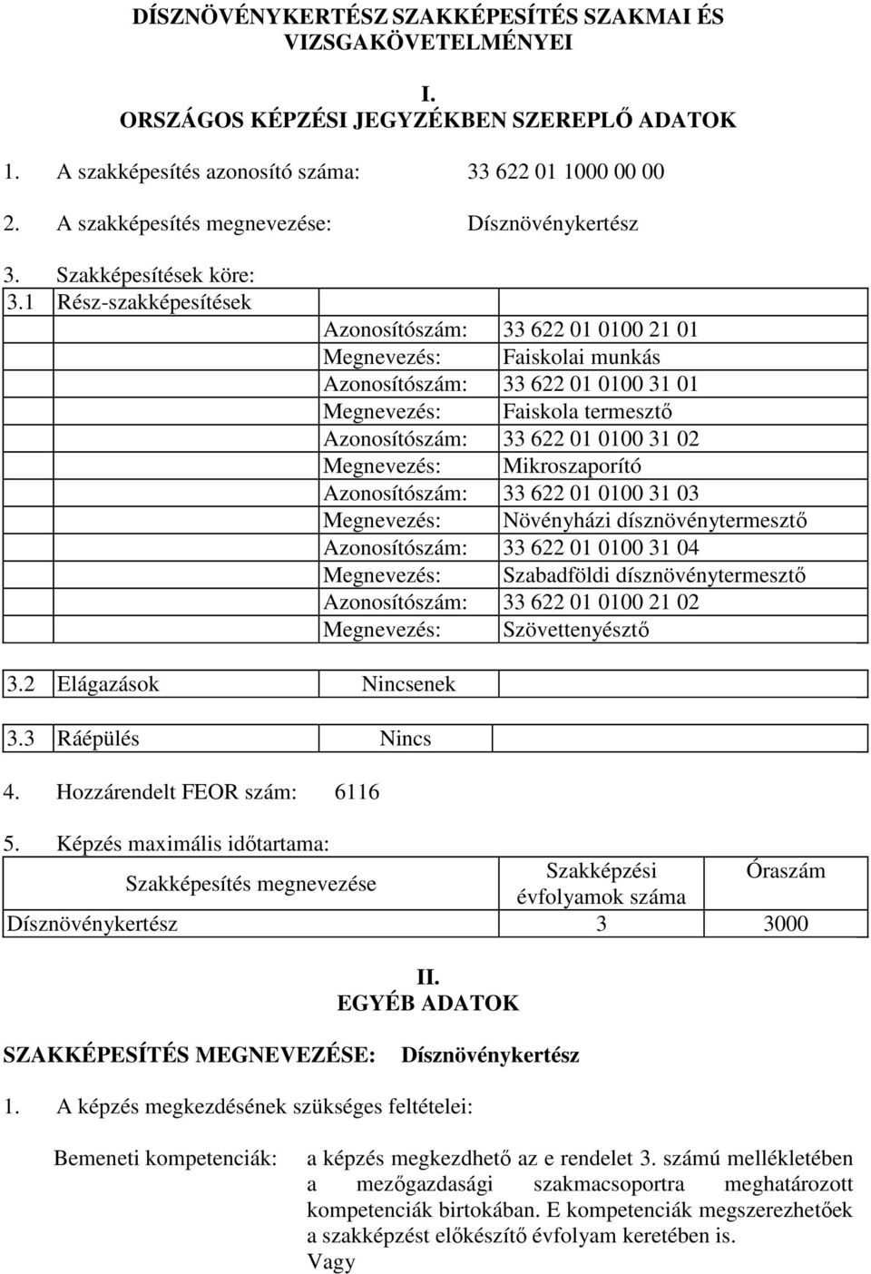 1 Rész-szakképesítések Azonosítószám: 33 622 01 0100 21 01 Megnevezés: Faiskolai munkás Azonosítószám: 33 622 01 0100 31 01 Megnevezés: Faiskola termesztő Azonosítószám: 33 622 01 0100 31 02