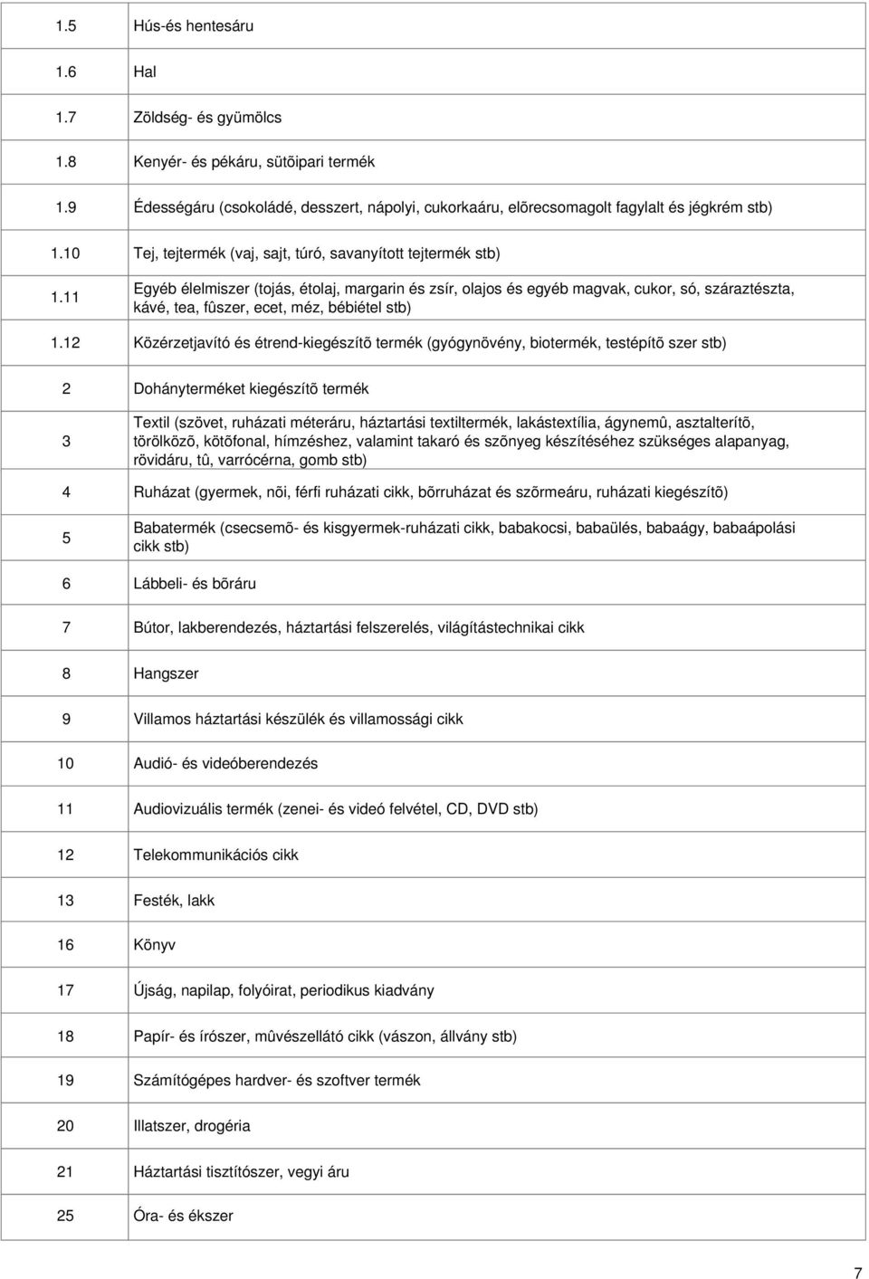 bébiétel stb) Közérzetjavító és étrend-kiegészítõ termék (gyógynövény, biotermék, testépítõ szer stb) 3 4 5 6 7 Dohányterméket kiegészítõ termék Textil (szövet, ruházati méteráru, háztartási