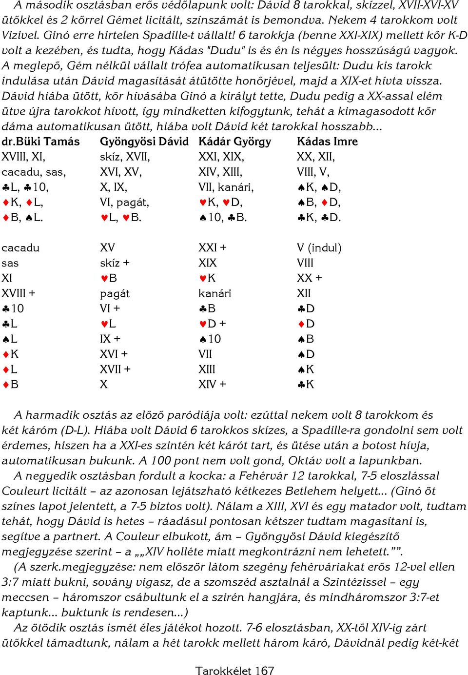 A meglepő, Gém nélkül vállalt trófea automatikusan teljesült: Dudu kis tarokk indulása után Dávid magasítását átütötte honőrjével, majd a XIX-et hívta vissza.