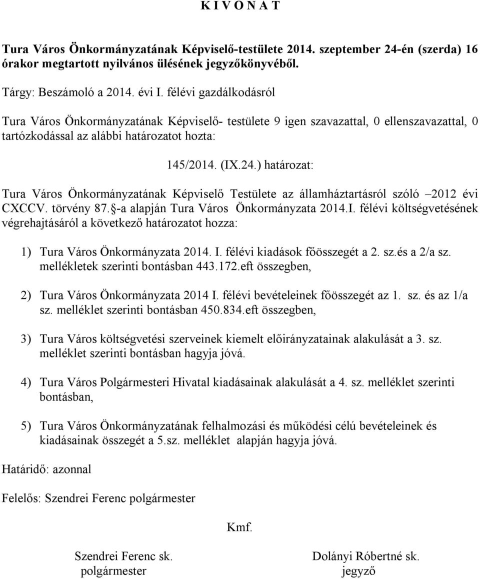 ) határozat: Tura Város Önkormányzatának Képviselő Testülete az államháztartásról szóló 2012 évi CXCCV. törvény 87. -a alapján Tura Város Önkormányzata 2014.I.