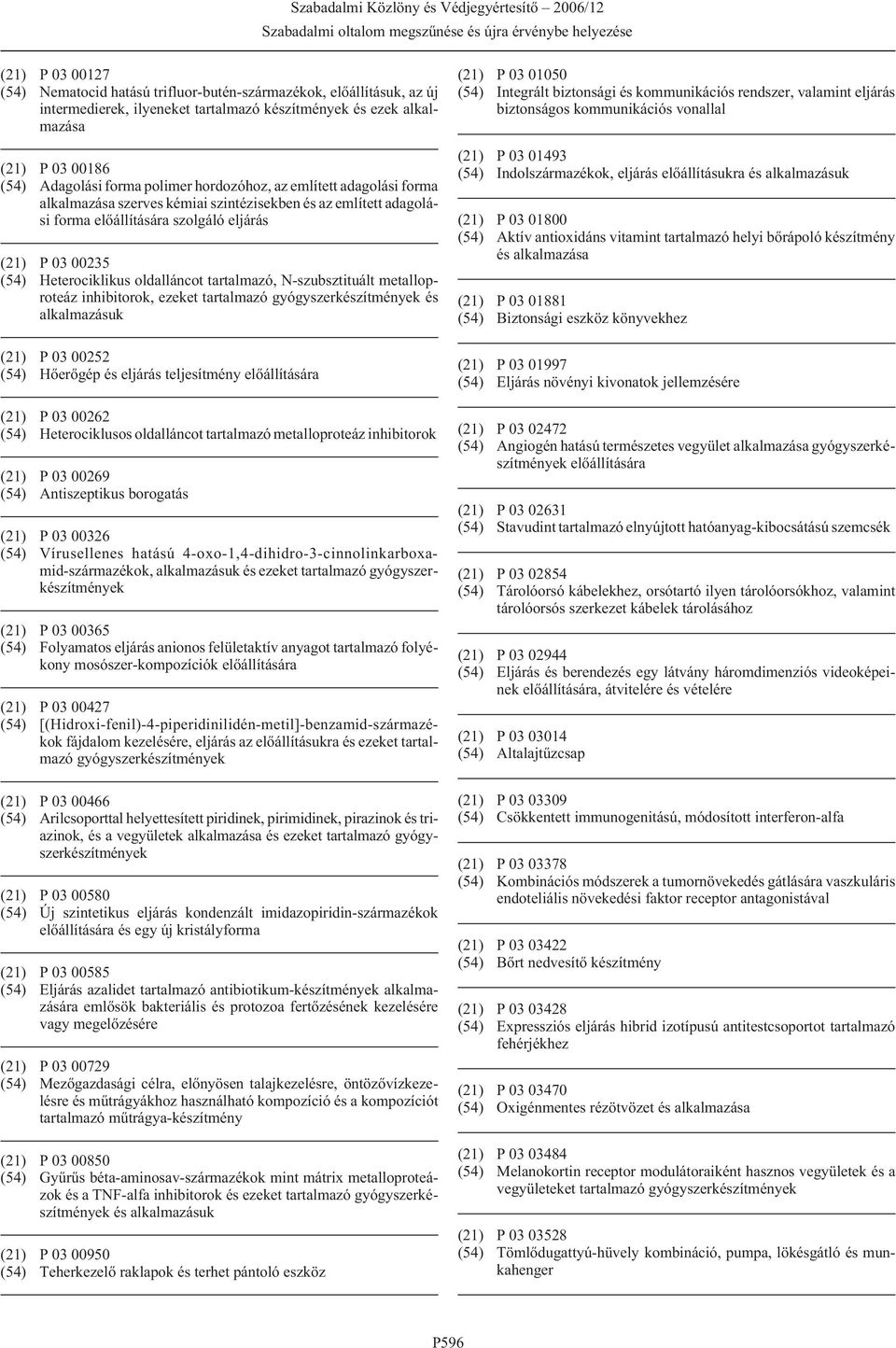 tartalmazó, N-szubsztituált metalloproteáz inhibitorok, ezeket tartalmazó gyógyszerkészítmények és alkalmazásuk (21) P 03 00252 (54) Hõerõgép és eljárás teljesítmény elõállítására (21) P 03 00262