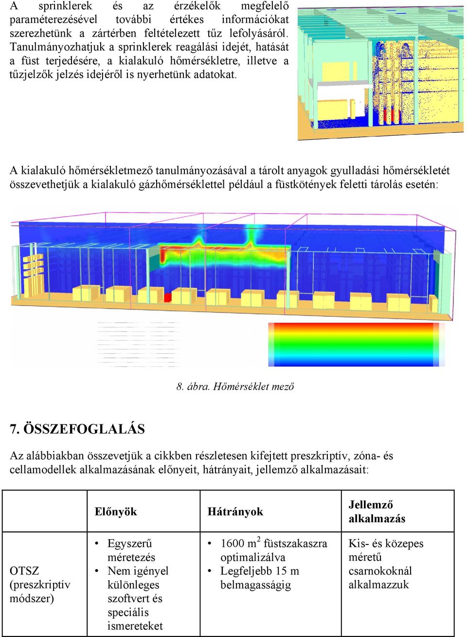 A kialakuló hőmérsékletmező tanulmányozásával a tárolt anyagok gyulladási hőmérsékletét összevethetjük a kialakuló gázhőmérséklettel például a füstkötények feletti tárolás esetén: 8. ábra.