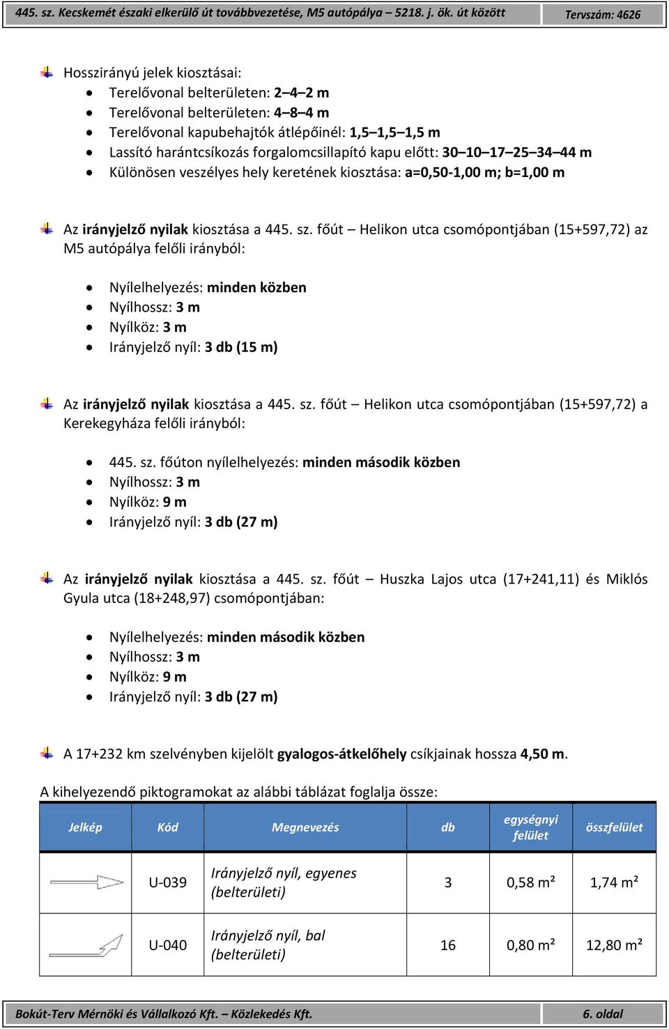 főút Helikon utca csomópontjában (15+597,72) az M5 autópálya felőli irányból: Nyílelhelyezés: minden közben Nyílhossz: 3 m Nyílköz: 3 m Irányjelző nyíl: 3 db (15 m) Az irányjelző nyilak kiosztása a