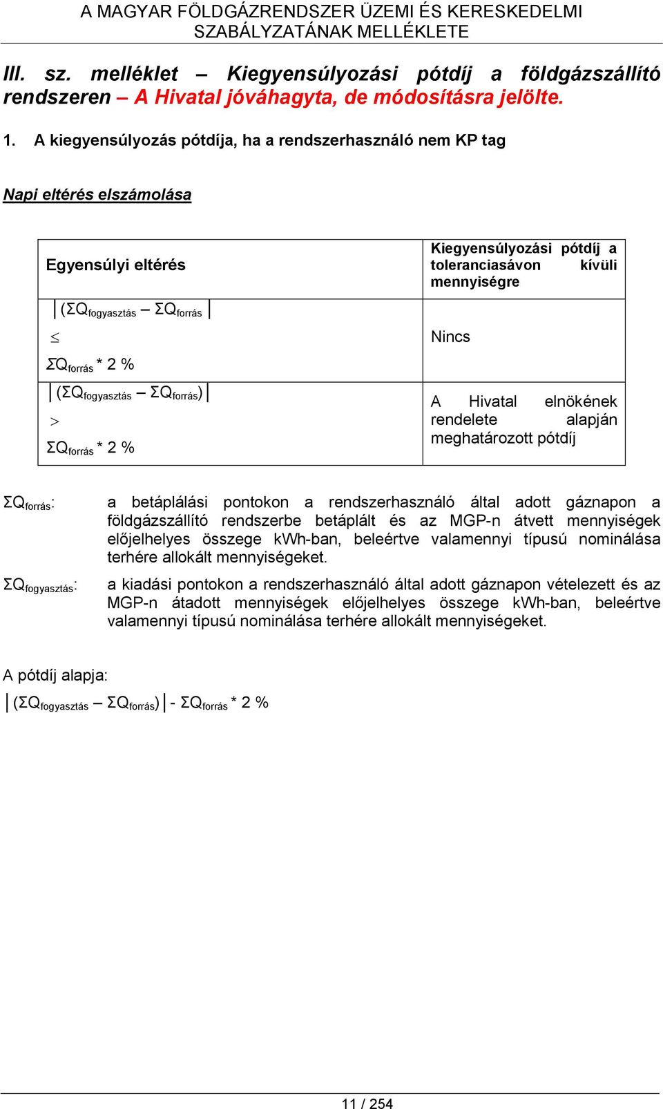 Kiegyensúlyozási pótdíj a toleranciasávon kívüli mennyiségre Nincs A Hivatal elnökének rendelete alapján meghatározott pótdíj ΣQ forrás : ΣQ fogyasztás : a betáplálási pontokon a rendszerhasználó