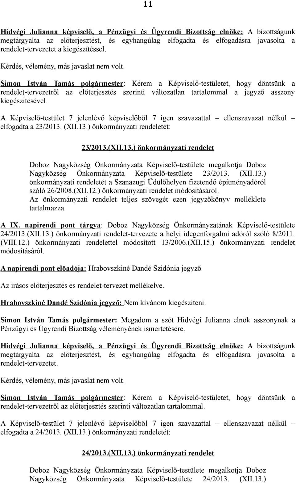 A Képviselő-testület 7 jelenlévő képviselőből 7 igen szavazattal ellenszavazat nélkül elfogadta a 23/2013.