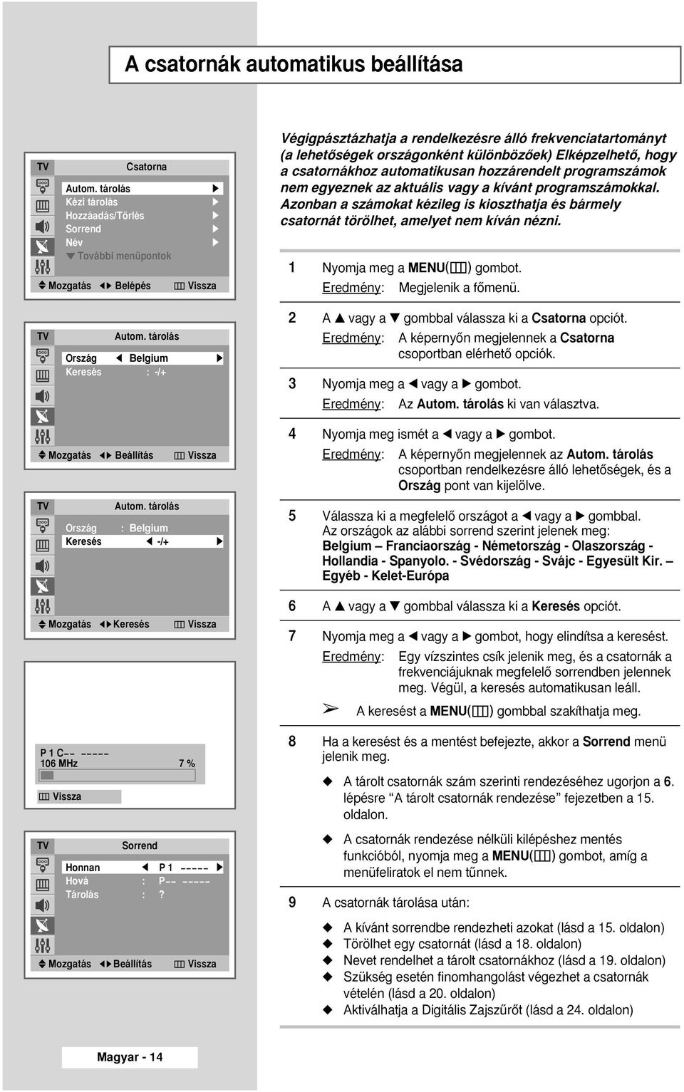 ElképzelhetŒ, hogy a csatornákhoz automatikusan hozzárendelt programszámok nem egyeznek az aktuális vagy a kívánt programszámokkal.