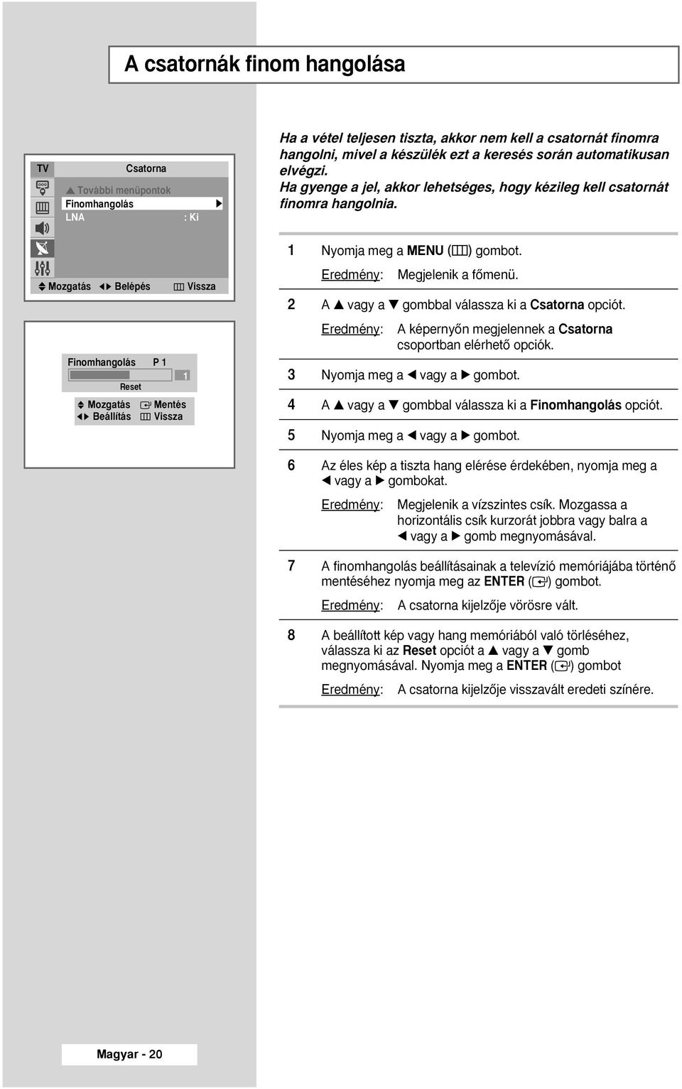 Mozgatás œ Belépés Vissza Finomhangolás P 1 1 Reset Mozgatás Mentés œ Beállítás Vissza 1 Nyomja meg a MENU ( ) gombot. 2 A vagy a gombbal válassza ki a Csatorna opciót.