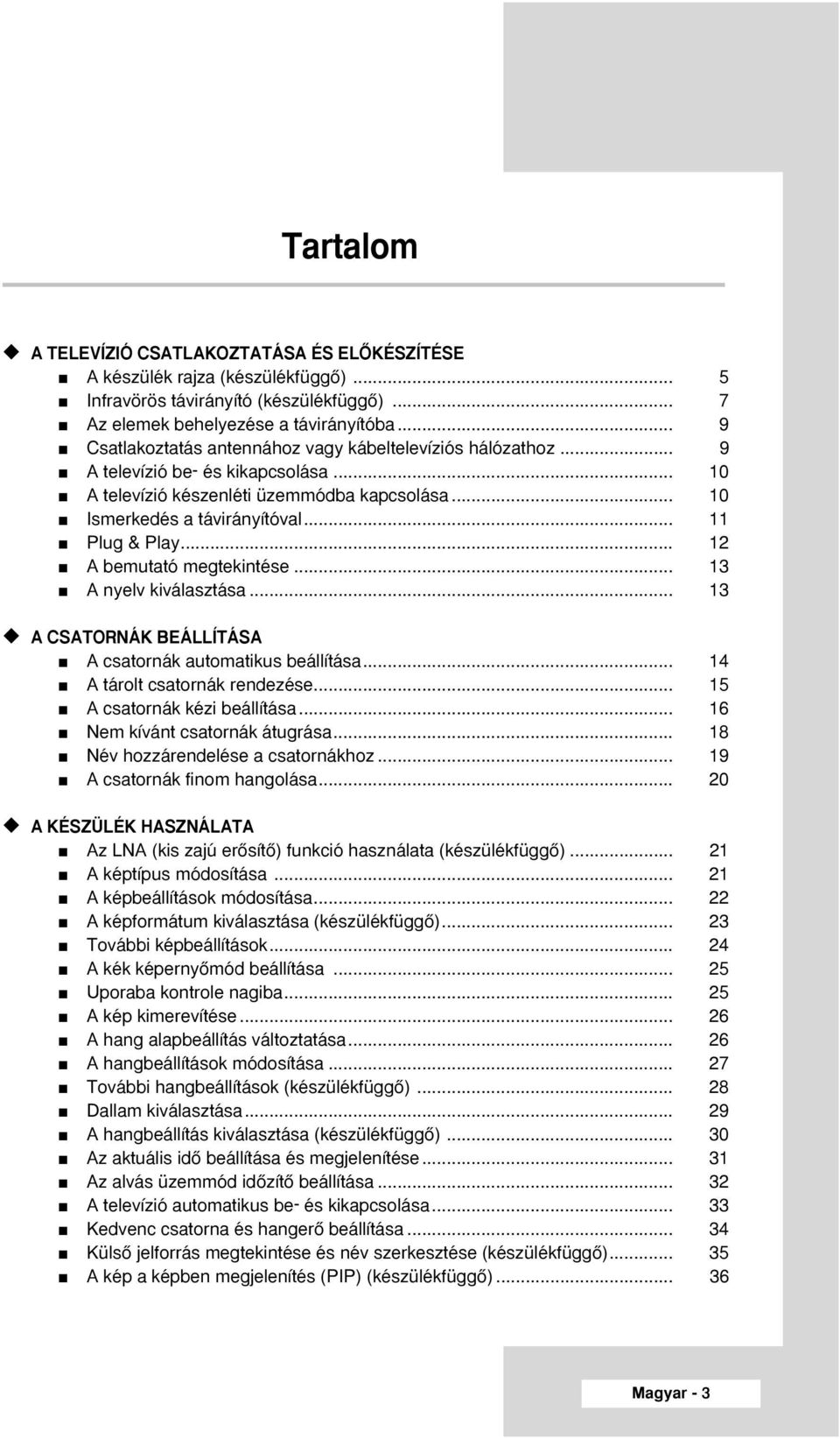 .. 12 A bemutató megtekintése... 13 A nyelv kiválasztása... 13 A CSATORNÁK BEÁLLÍTÁSA A csatornák automatikus beállítása... 14 A tárolt csatornák rendezése... 15 A csatornák kézi beállítása.