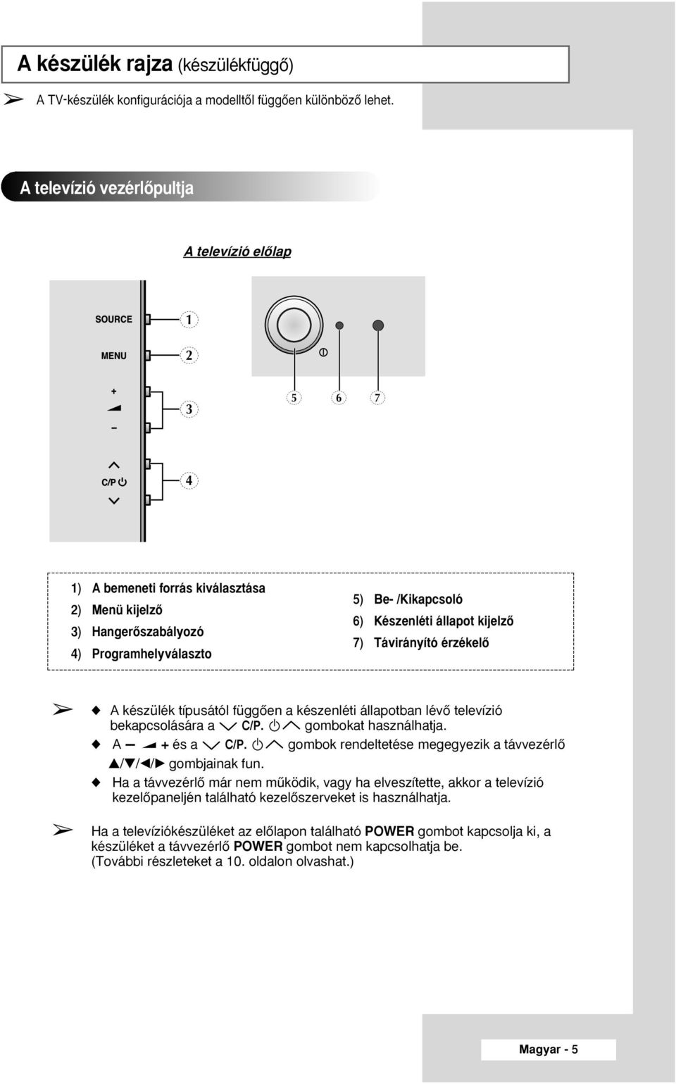 kijelzœ 7) Távirányító érzékelœ A készülék típusától függœen a készenléti állapotban lévœ televízió bekapcsolására a C/P. gombokat használhatja. A - + és a C/P.