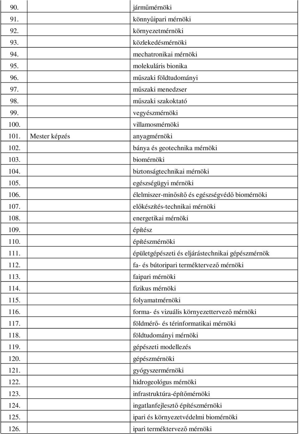 egészségügyi mérnöki 106. élelmiszer-minősítő és egészségvédő biomérnöki 107. előkészítés-technikai mérnöki 108. energetikai mérnöki 109. építész 110. építészmérnöki 111.