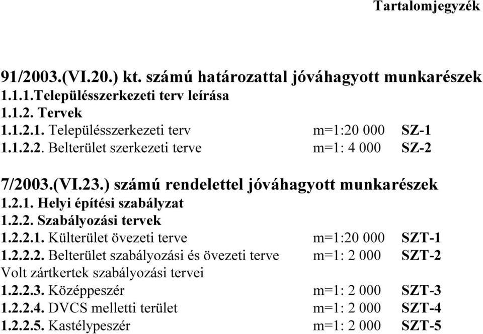 2.2.1. Külterület övezeti terve m=1:20 000 SZT-1 1.2.2.2. Belterület szabályozási és övezeti terve m=1: 2 000 SZT-2 Volt zártkertek szabályozási tervei 1.2.2.3.