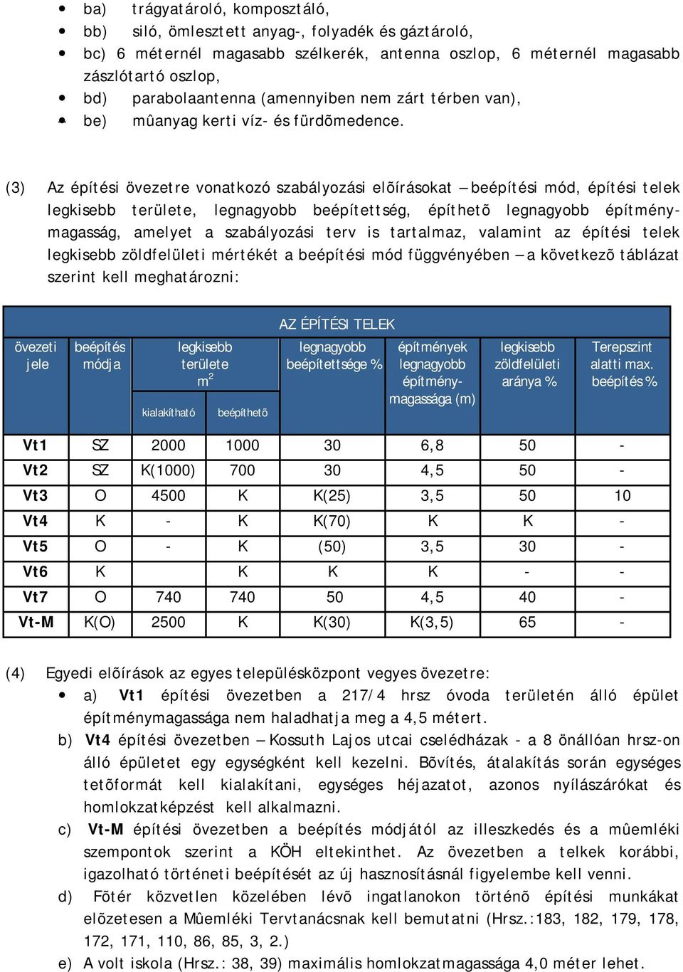 (3) Az építési övezetre vonatkozó szabályozási elõírásokat beépítési mód, építési telek legkisebb területe, legnagyobb beépítettség, építhetõ legnagyobb építménymagasság, amelyet a szabályozási terv