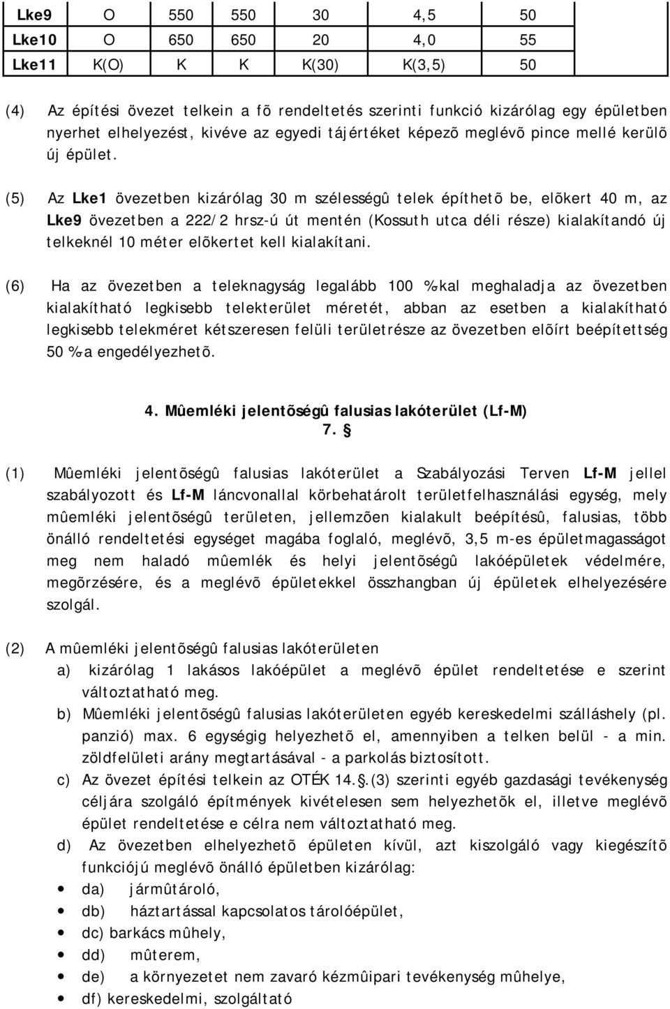 (5) Az Lke1 övezetben kizárólag 30 m szélességû telek építhetõ be, elõkert 40 m, az Lke9 övezetben a 222/2 hrsz-ú út mentén (Kossuth utca déli része) kialakítandó új telkeknél 10 méter elõkertet kell