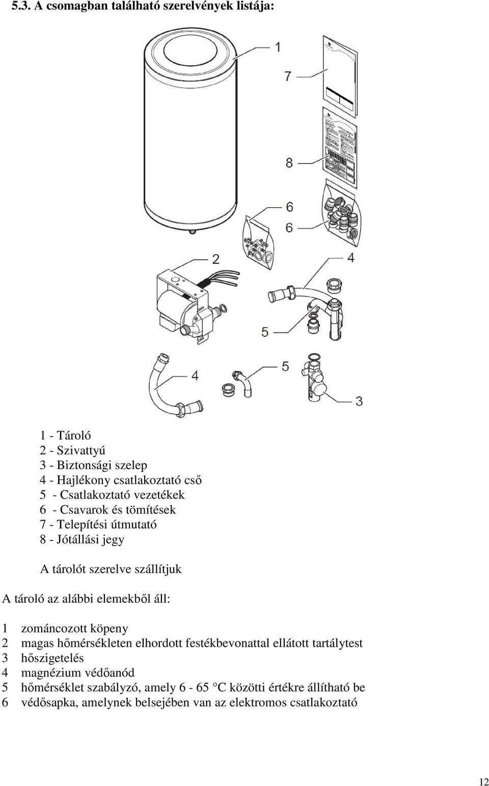 alábbi elemekbıl áll: 1 zománcozott köpeny 2 magas hımérsékleten elhordott festékbevonattal ellátott tartálytest 3 hıszigetelés 4