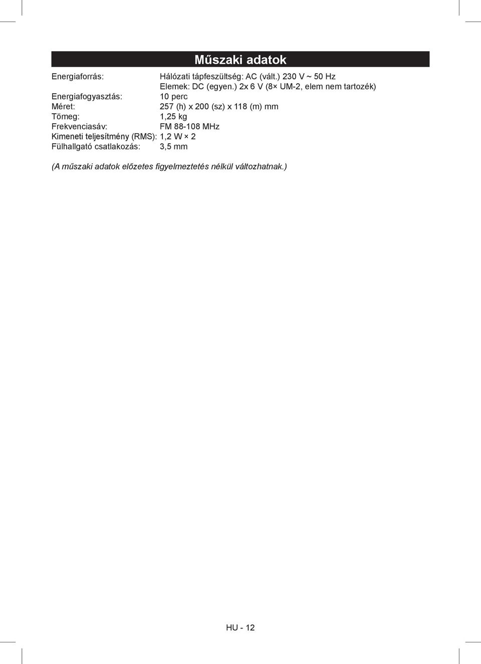 (m) mm Tömeg: 1,25 kg Frekvenciasáv: FM 88-108 MHz Kimeneti teljesítmény (RMS): 1,2 W 2