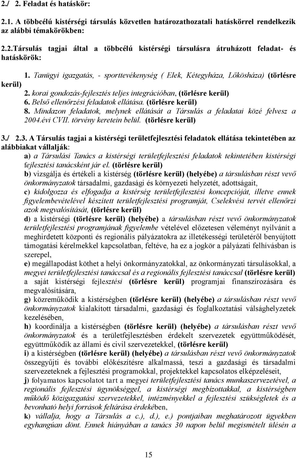 (törlésre kerül) 8. Mindazon feladatok, melynek ellátását a Társulás a feladatai közé felvesz a 2004.évi CVII. törvény keretein belül. (törlésre kerül) 3.