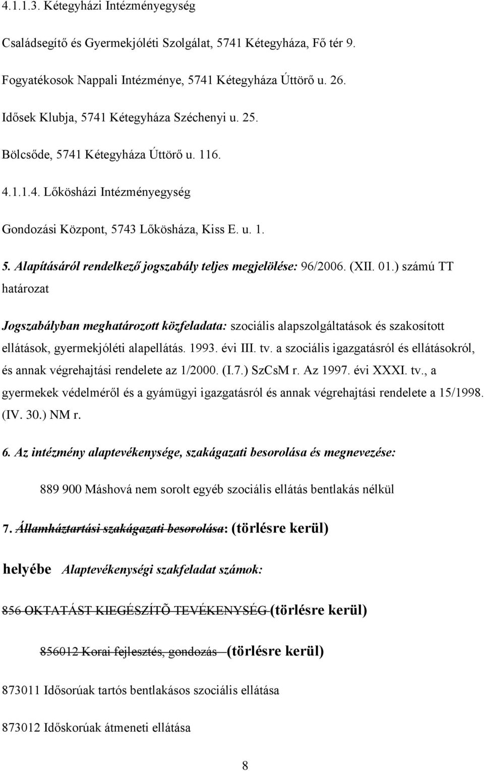 (XII. 01.) számú TT határozat Jogszabályban meghatározott közfeladata: szociális alapszolgáltatások és szakosított ellátások, gyermekjóléti alapellátás. 1993. évi III. tv.