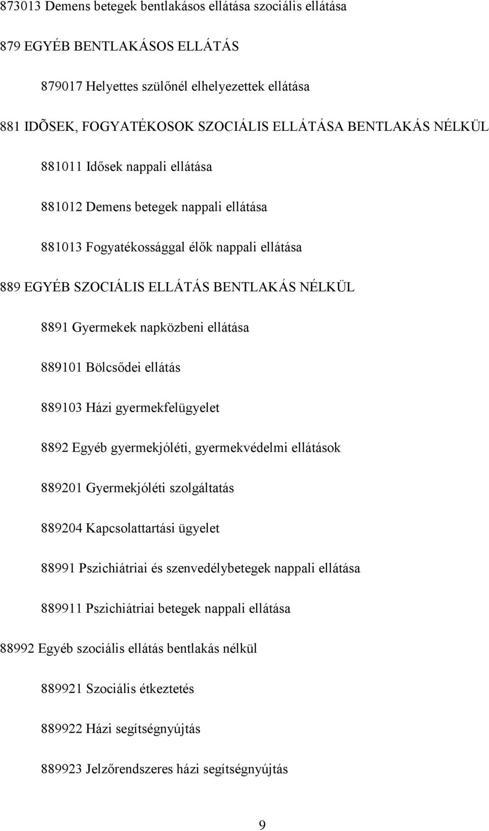 ellátása 889101 Bölcsődei ellátás 889103 Házi gyermekfelügyelet 8892 Egyéb gyermekjóléti, gyermekvédelmi ellátások 889201 Gyermekjóléti szolgáltatás 889204 Kapcsolattartási ügyelet 88991