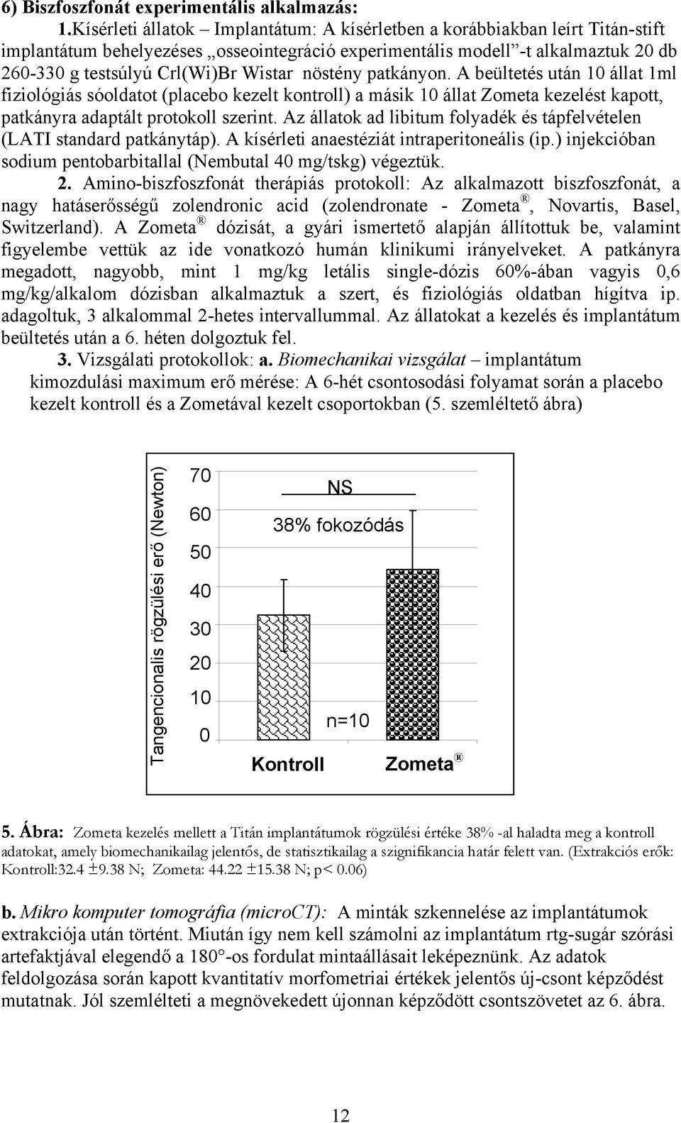 nöstény patkányon. A beültetés után 10 állat 1ml fiziológiás sóoldatot (placebo kezelt kontroll) a másik 10 állat Zometa kezelést kapott, patkányra adaptált protokoll szerint.