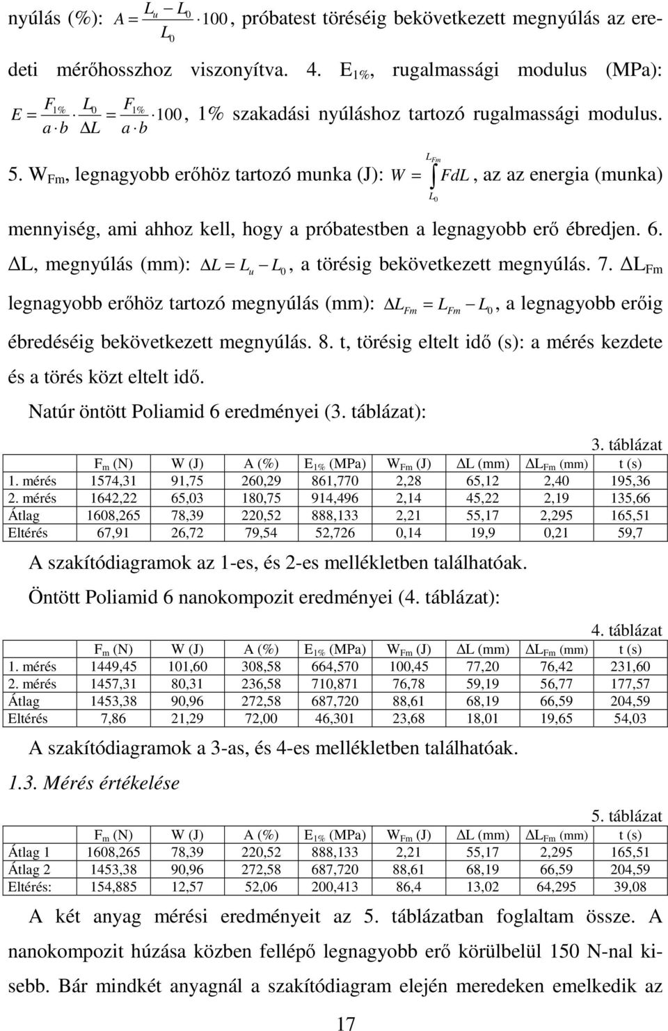 W Fm, legnagyobb erıhöz tartozó munka (J): W = 17 L Fm L0 FdL, az az energia (munka) mennyiség, ami ahhoz kell, hogy a próbatestben a legnagyobb erı ébredjen. 6.