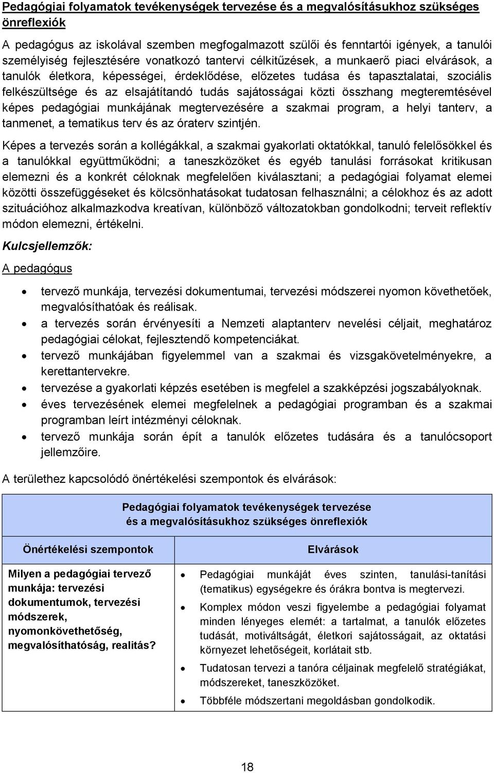 tudás sajátosságai közti összhang megteremtésével képes pedagógiai munkájának megtervezésére a szakmai program, a helyi tanterv, a tanmenet, a tematikus terv és az óraterv szintjén.