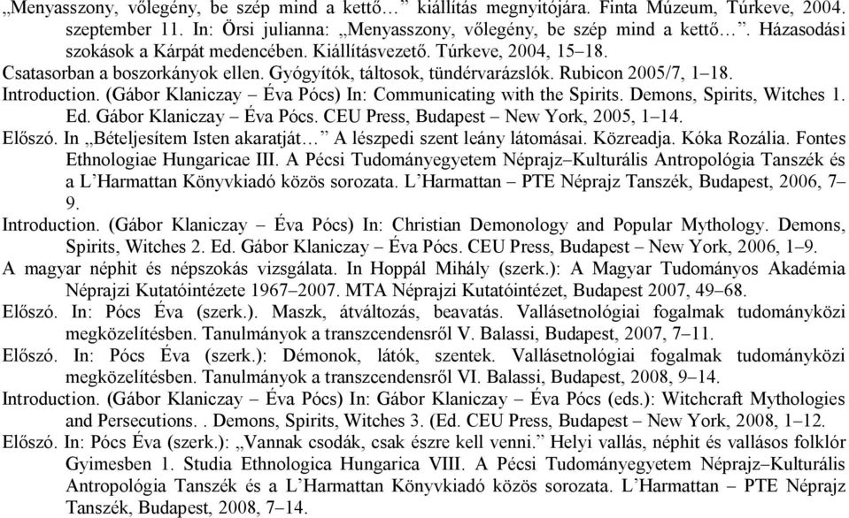 (Gábor Klaniczay Éva Pócs) In: Communicating with the Spirits. Demons, Spirits, Witches 1. Ed. Gábor Klaniczay Éva Pócs. CEU Press, Budapest New York, 2005, 1 14. Előszó.