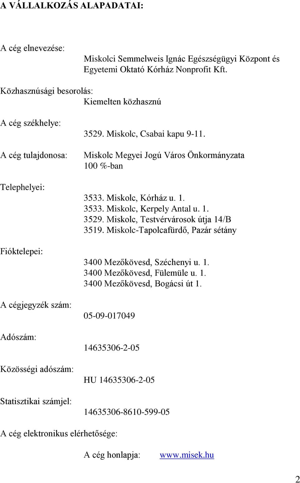 Miskolc, Csabai kapu 9-11. Miskolc Megyei Jogú Város Önkormányzata 100 %-ban 3533. Miskolc, Kórház u. 1. 3533. Miskolc, Kerpely Antal u. 1. 3529. Miskolc, Testvérvárosok útja 14/B 3519.