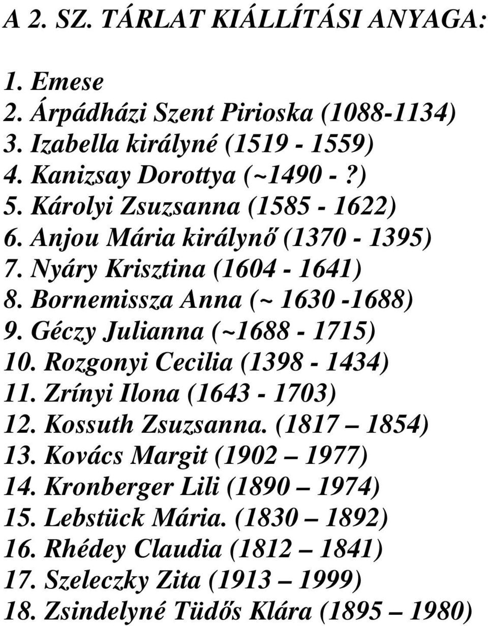 Géczy Julianna (~1688-1715) 10. Rozgonyi Cecilia (1398-1434) 11. Zrínyi Ilona (1643-1703) 12. Kossuth Zsuzsanna. (1817 1854) 13.