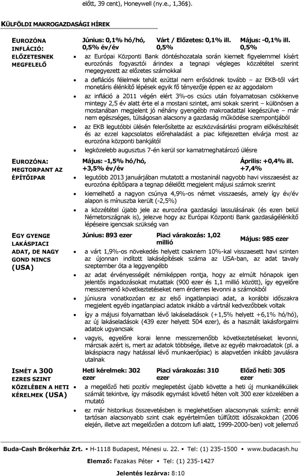 KÉRELMEK (USA) Június: 0,1% hó/hó, 0,5% év/év Várt / Előzetes: 0,1% ill. 0,5% Május: -0,1% ill.