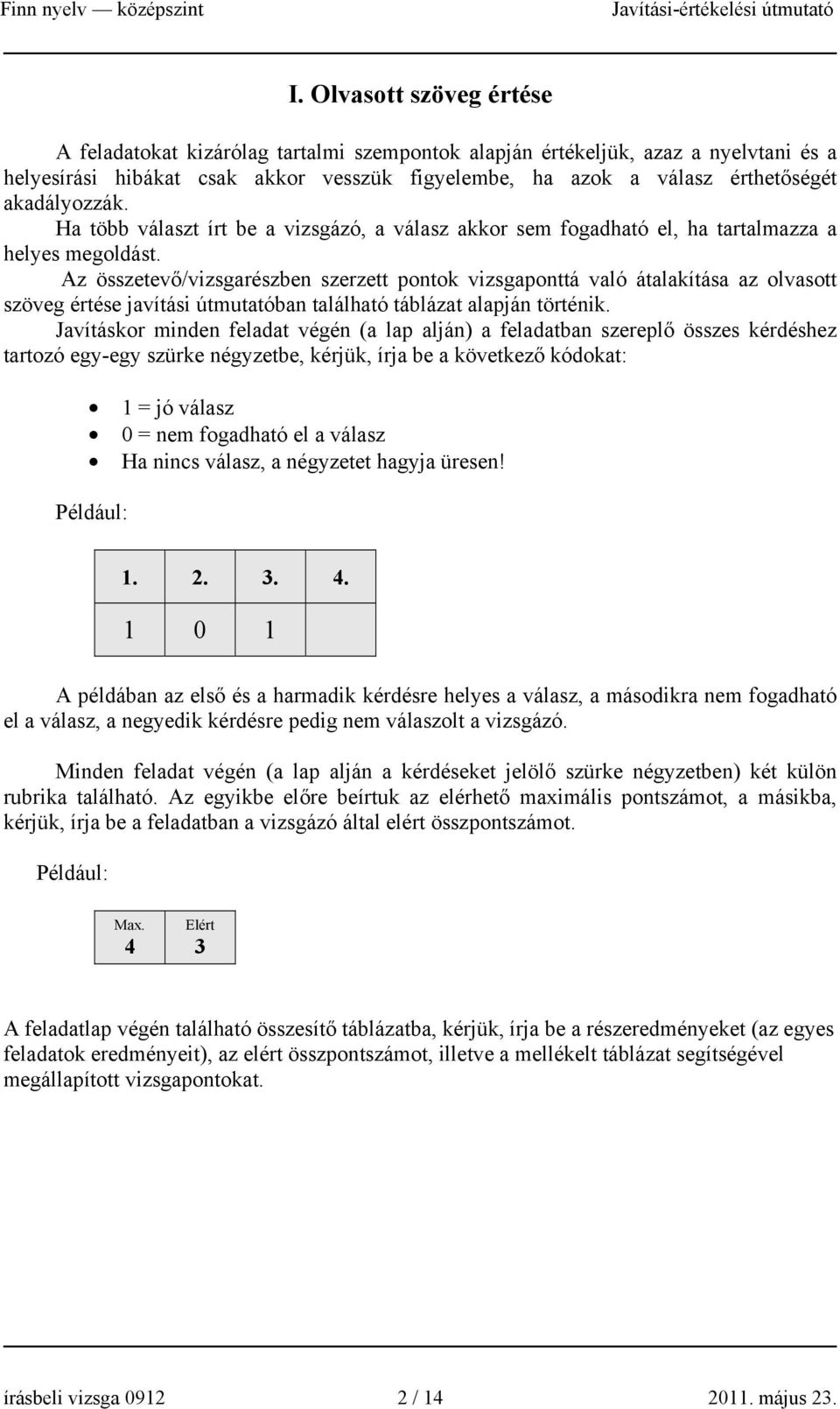 Az összetevő/vizsgarészben szerzett pontok vizsgaponttá való átalakítása az olvasott szöveg értése javítási útmutatóban található táblázat alapján történik.