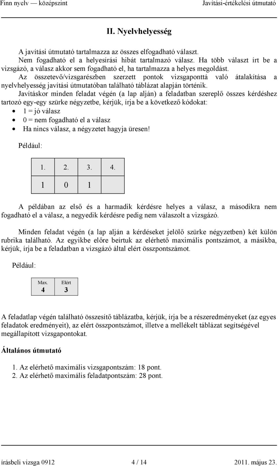 Az összetevő/vizsgarészben szerzett pontok vizsgaponttá való átalakítása a nyelvhelyesség javítási útmutatóban található táblázat alapján történik.