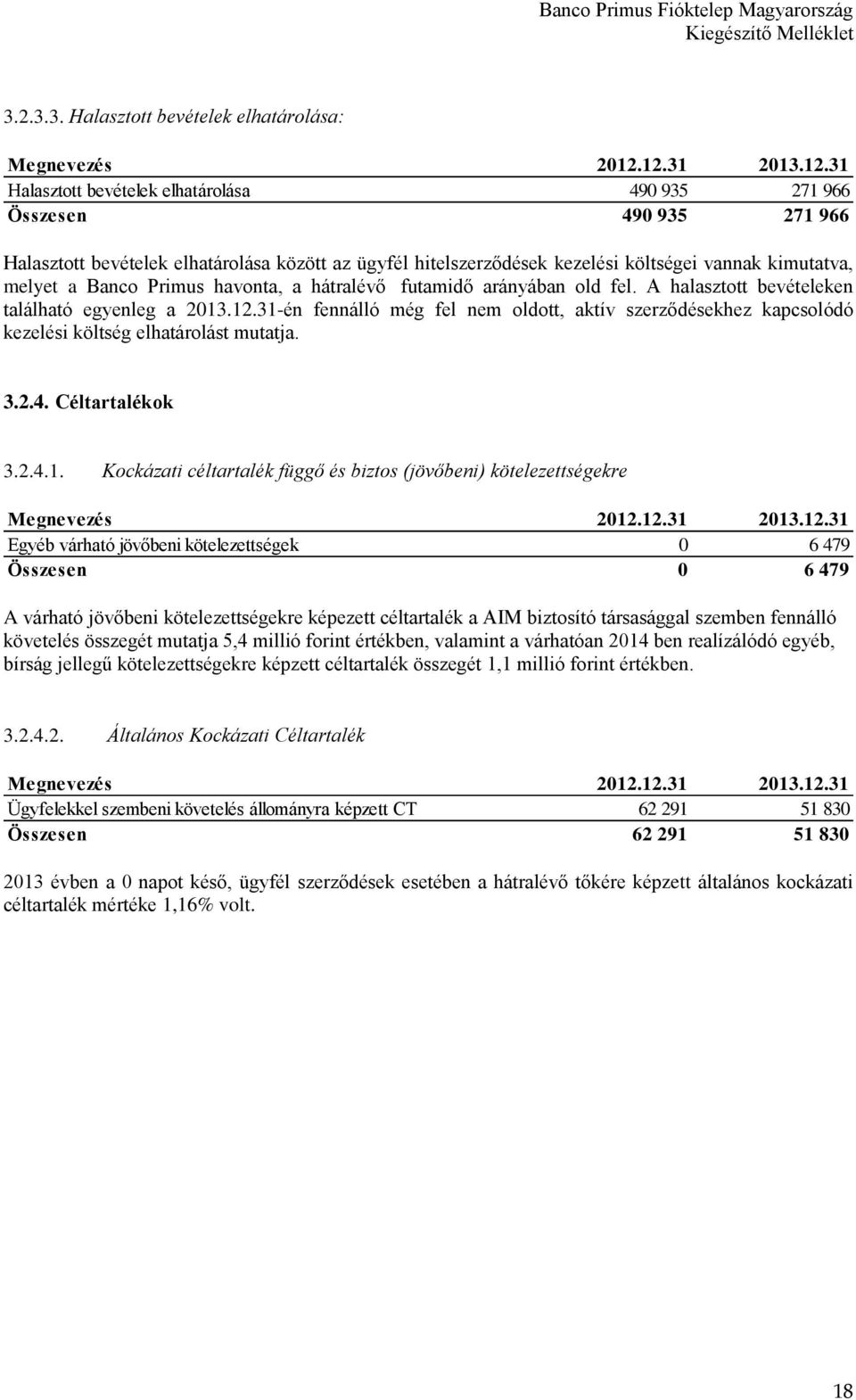 költségei vannak kimutatva, melyet a Banco Primus havonta, a hátralévő futamidő arányában old fel. A halasztott bevételeken található egyenleg a 2013.12.