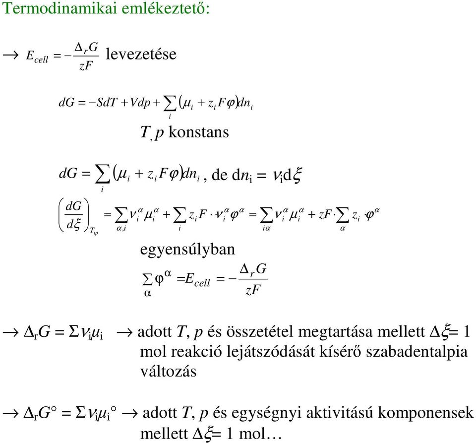 µ + z ϕ r G = Σν adott T, p és összetétel megtartása mellett ξ= 1 mol reacó lejátszódását