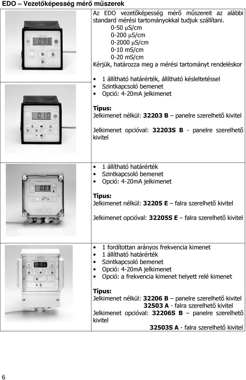 nélkül: 32203 B panelre szerelhetı kivitel Jelkimenet opcióval: 32203S B - panelre szerelhetı kivitel 1 állítható határérték Opció: 4-20mA jelkimenet Jelkimenet nélkül: 32205 E falra szerelhetı