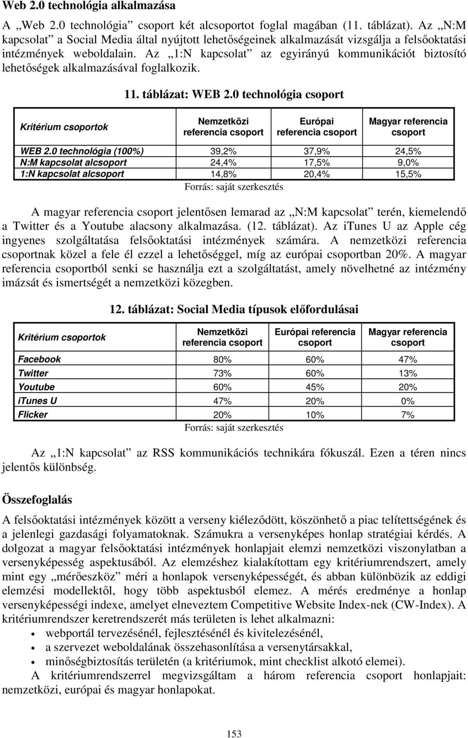 Az 1:N kapcsolat az egyirányú kommunikációt biztosító lehetőségek alkalmazásával foglalkozik. 11. táblázat: WEB 2.0 technológia Kritérium ok Európai Magyar WEB 2.