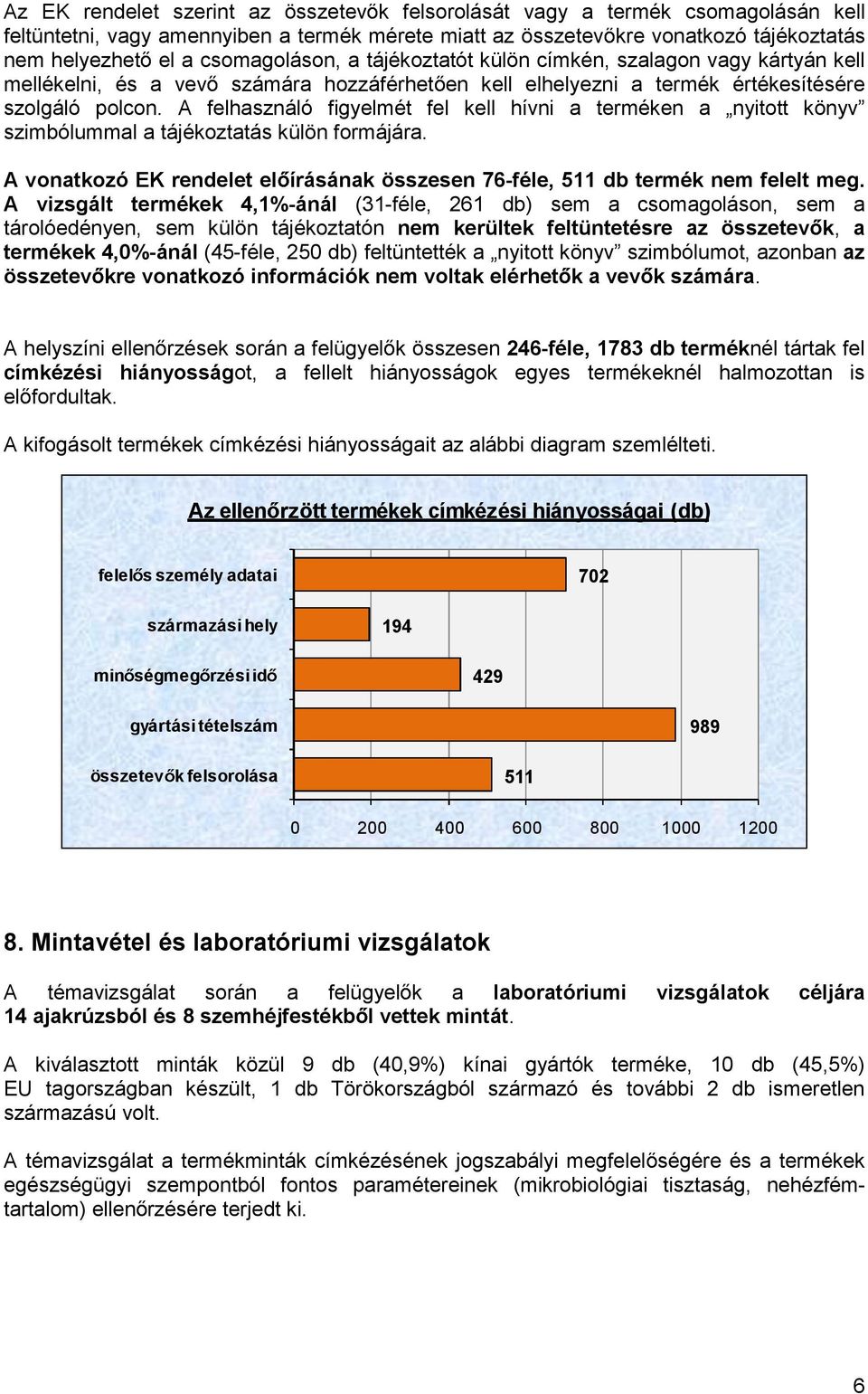 A felhasználó figyelmét fel kell hívni a terméken a nyitott könyv szimbólummal a tájékoztatás külön formájára. A vonatkozó EK rendelet el írásának összesen 76-féle, 511 db termék nem felelt meg.