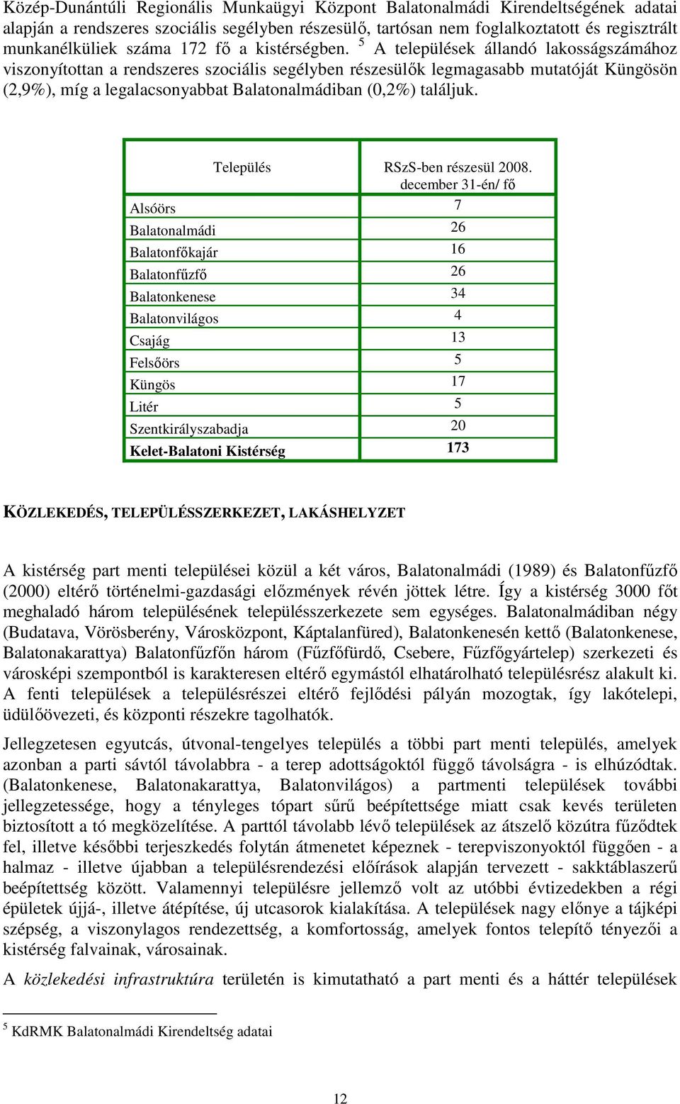5 A települések állandó lakosságszámához viszonyítottan a rendszeres szociális segélyben részesülık legmagasabb mutatóját Küngösön (2,9%), míg a legalacsonyabbat Balatonalmádiban (0,2%) találjuk.