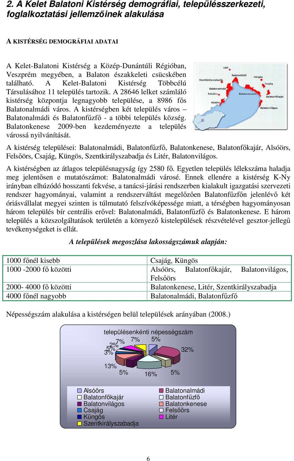 A 28646 lelket számláló kistérség központja legnagyobb települése, a 8986 fıs Balatonalmádi város. A kistérségben két település város Balatonalmádi és Balatonfőzfı - a többi település község.