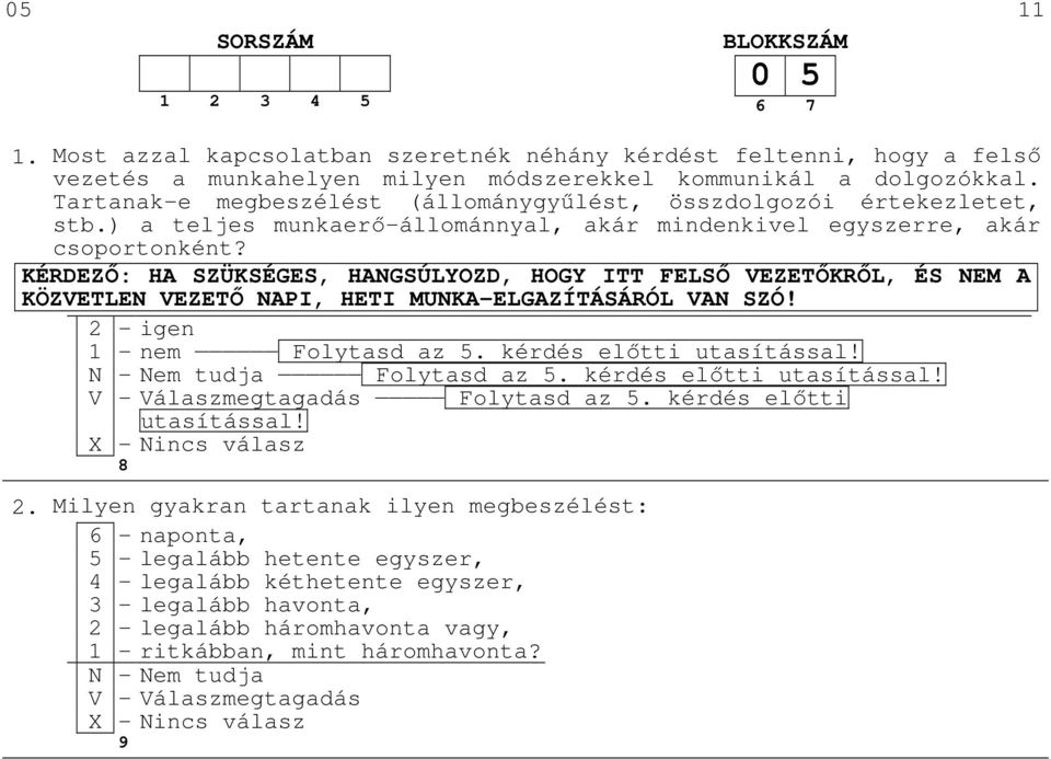 KÉRDEZŐ: HA SZÜKSÉGES, HANGSÚLYOZD, HOGY ITT FELSŐ VEZETŐKRŐL, ÉS NEM A KÖZVETLEN VEZETŐ NAPI, HETI MUNKA-ELGAZÍTÁSÁRÓL VAN SZÓ! 1 - nem Folytasd az 5. kérdés előtti utasítással!