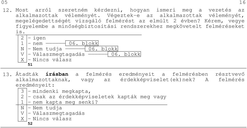 Kérem, vegye figyelembe a minőségbiztosítási rendszerekhez megkövetelt felméréseket is. 1 - nem 06. blokk Nem tudja 06. blokk Válaszmegtagadás 06.