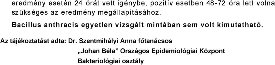 Bacillus anthracis egyetlen vizsgélt mintéban sem volt kimutathatñ.