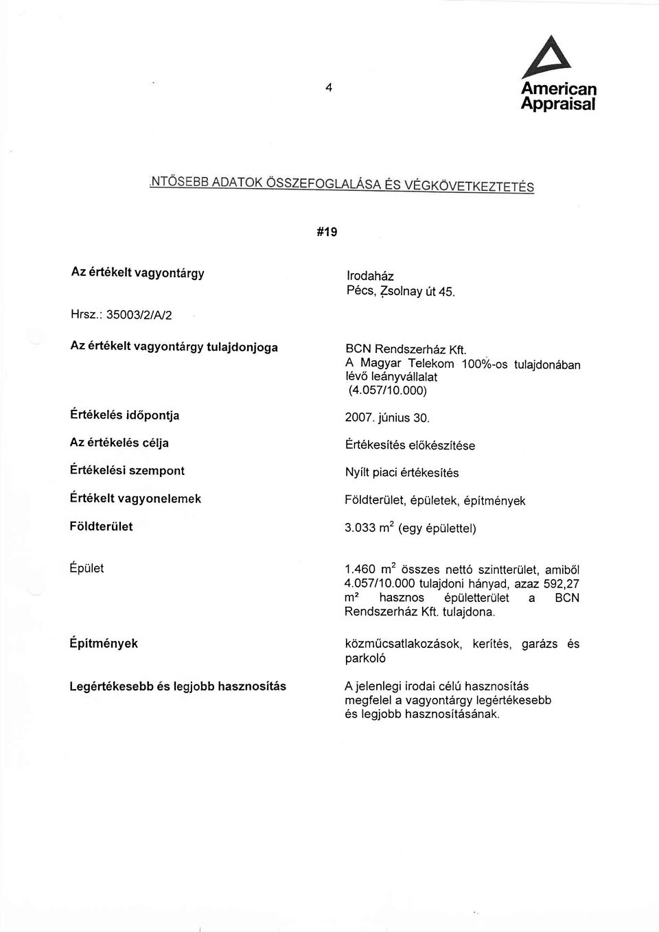 A Magyar Telekom 100%-os tulajdondban l6v6 le6nyv6llalat (4.057/10.000) 2007. j0nius 30. Ert6kesit6s el6k6szit6se yilt piaci 6rt6kesit6s F6ldterUlet, 6pUletek, 6pitm6nyek 3.